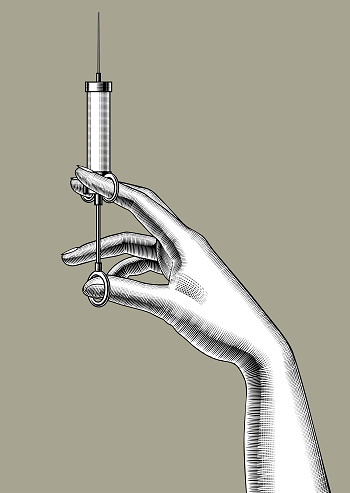 Woman's hand with a retro syringe. Vintage colorized engraving stylized drawing. Vector illustration