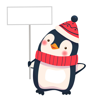 Penguin holding blank sign. Penguin cartoon vector illustration.