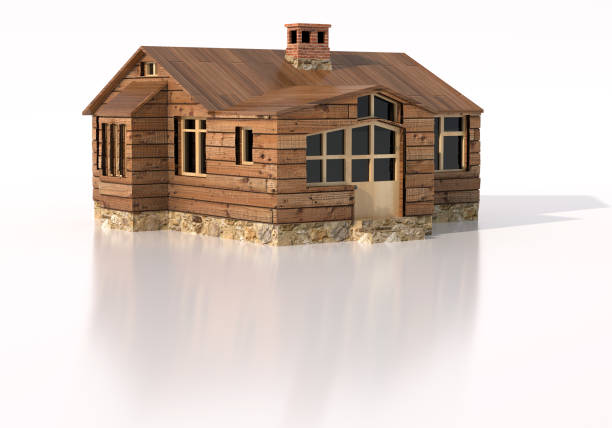 3D Rendered Vintage Style Wooden House illustration with Reflection with white background