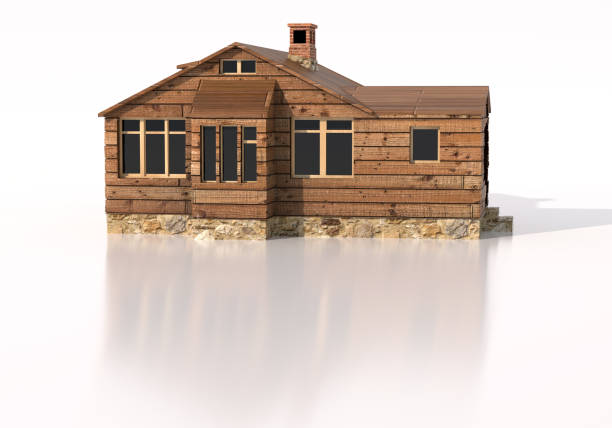 3D Rendered Vintage Style Wooden House illustration with Reflection with white background