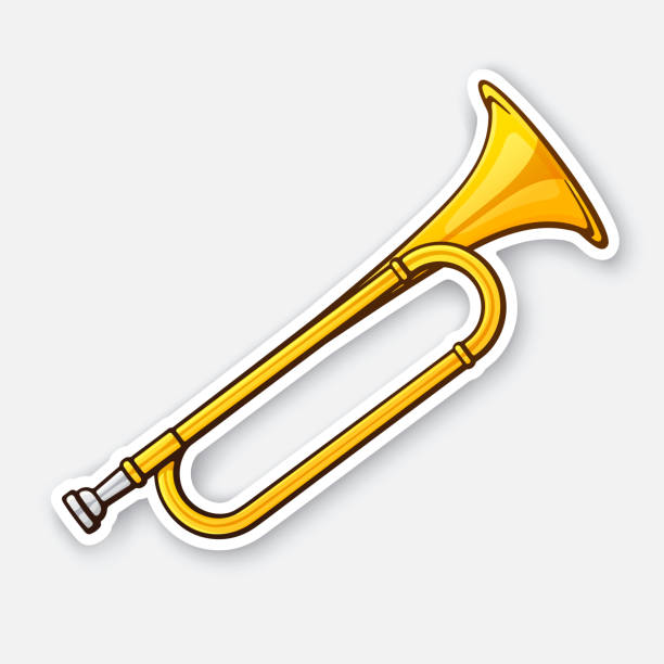ilustraciones, imágenes clip art, dibujos animados e iconos de stock de etiqueta engomada de trompeta instrumento de viento de música clásica - bugle trumpet jazz music