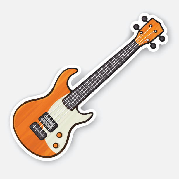 Sticker of wooden rock electro or bass guitar Vector illustration. Classical wooden rock electro or bass guitar. String plucked musical instrument. Rock, blues, ska or jazz equipment. Sticker with contour. Isolated on white background bass guitar stock illustrations