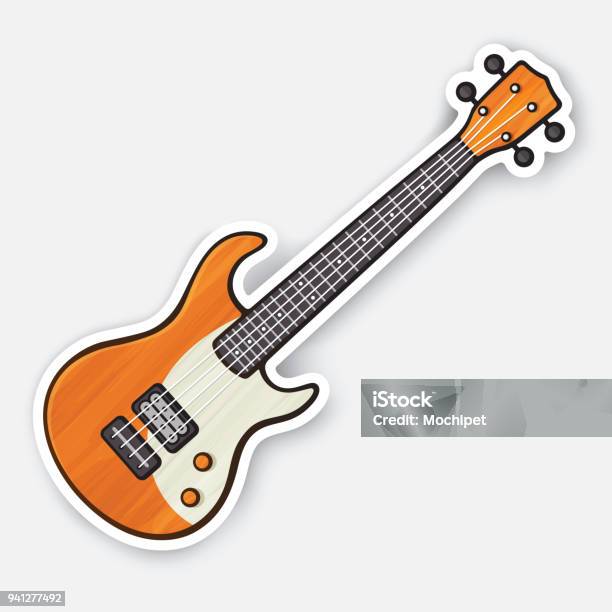 Sticker Of Wooden Rock Electro Or Bass Guitar Stock Illustration - Download Image Now - Guitar, Sticker, Bass Guitar