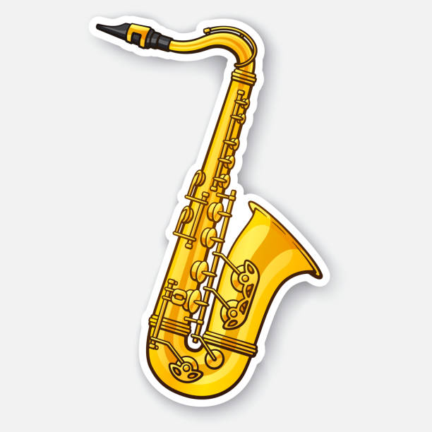 Sticker of classical music wind instrument saxophone Vector illustration. Classical music wind instrument saxophone. Blues, funk or jazz musical equipment. Sticker with contour. Isolated on white background ska stock illustrations