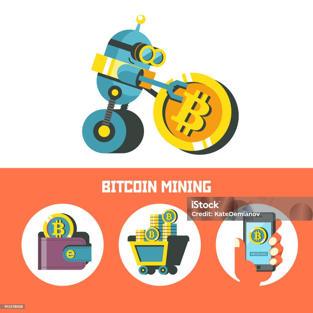 Bitcoin Rims Bitcoin Mining Cute Robot Produces Bitcoins Vector Illustration Stock ...