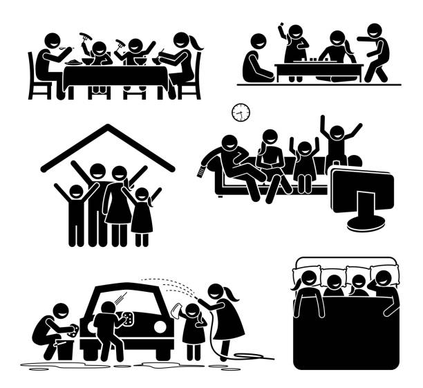 Family activities time at home. Stick figures pictogram depict family having meal, playing board games, watching TV, washing car, and sleeping together at home. black family home stock illustrations