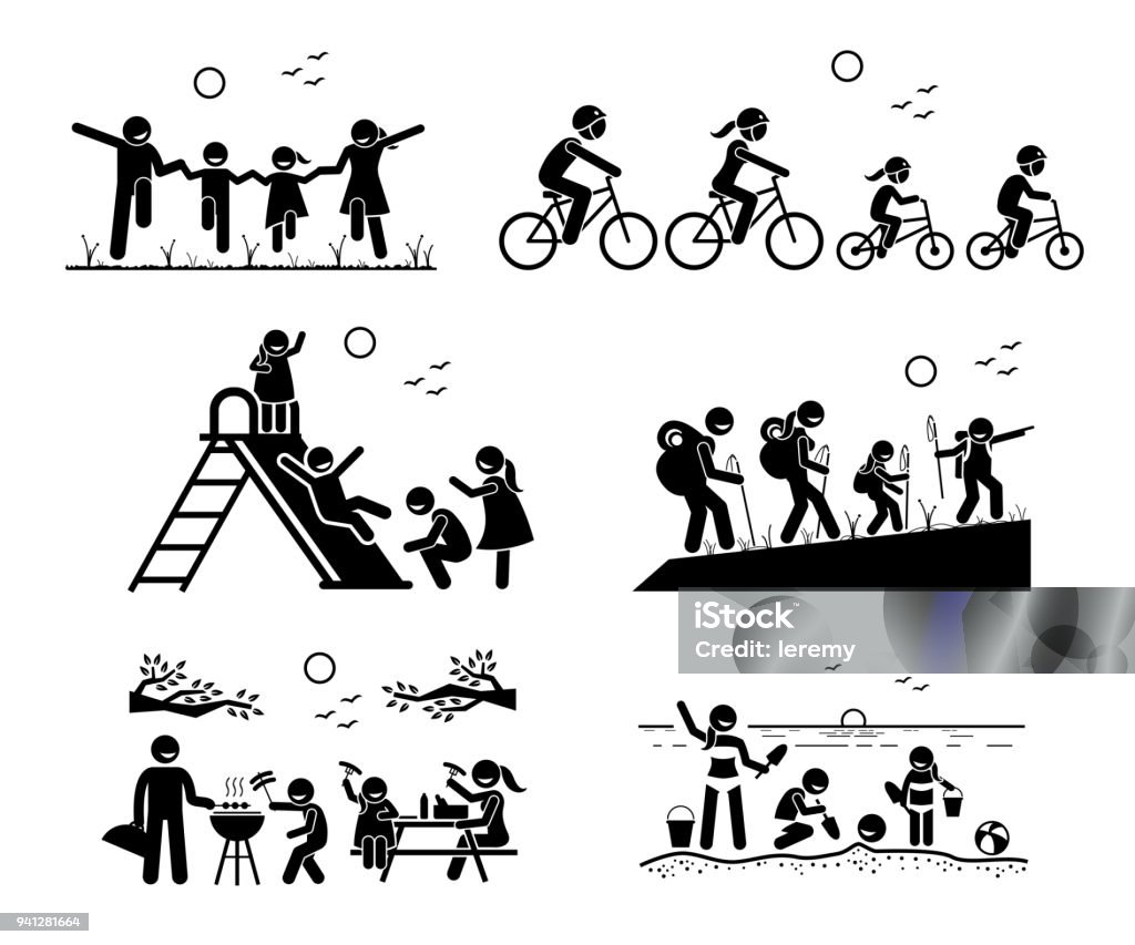 Family outdoor recreational activities. Stick figure pictogram depicts family in the park, riding bicycle together, playing at playground, hiking, outdoor bbq picnic, and enjoying themselves at beach. Icon Symbol stock vector