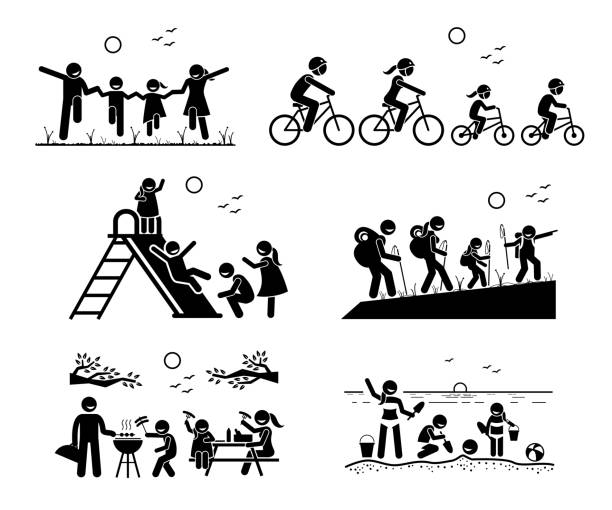 Family outdoor recreational activities. Stick figure pictogram depicts family in the park, riding bicycle together, playing at playground, hiking, outdoor bbq picnic, and enjoying themselves at beach. sand symbols stock illustrations