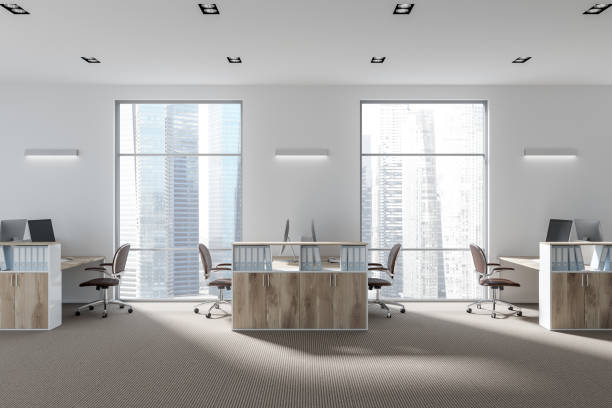 istock Wooden shelves in a white office side view 941282330