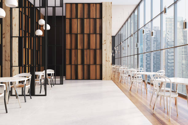 暗い木製パノラマ カフェのインテリア - ホテル ラウンジ ストックフォトと画像