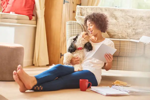 a woman sits in her lounge and browses on her digital tablet whilst sorting her paperwork with her dog