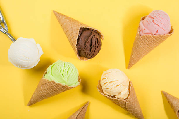 istock Selection of colorful ice cream scoops on yellow background 941289010