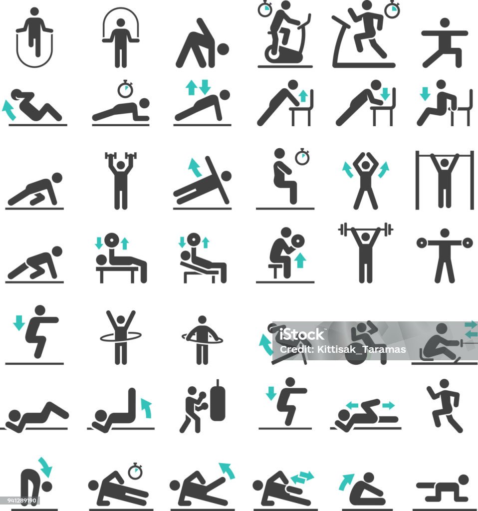 Fitness Übung Training Symbole festgelegt. Vektor-Illustrationen. - Lizenzfrei Icon Vektorgrafik