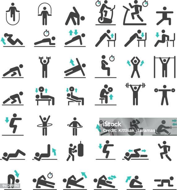 Fitness Übung Training Symbole Festgelegt Vektorillustrationen Stock Vektor Art und mehr Bilder von Icon