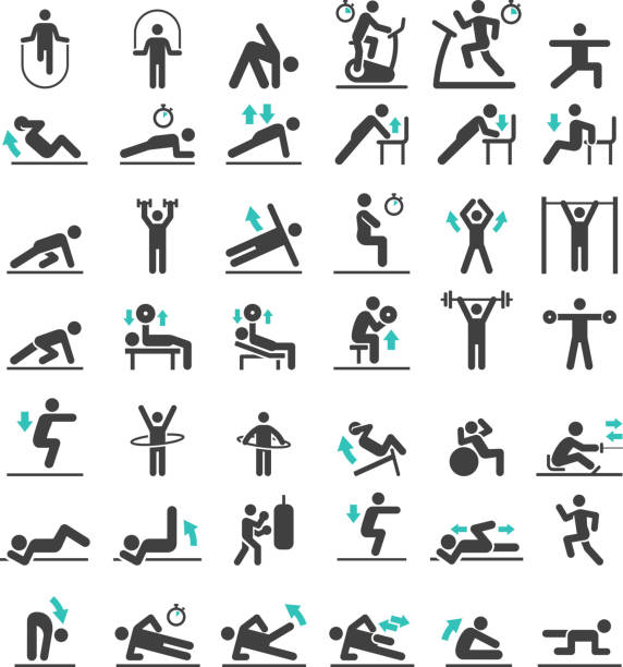 ilustraciones, imágenes clip art, dibujos animados e iconos de stock de set de iconos de entrenamiento de ejercicio de fitness. ilustraciones de vectores. - máquinas de ejercicios