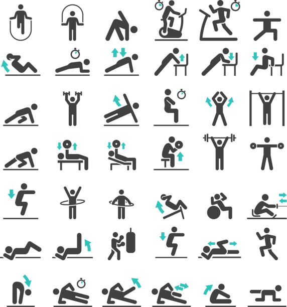 illustrazioni stock, clip art, cartoni animati e icone di tendenza di set di icone per l'allenamento di allenamento fitness. illustrazioni vettoriali. - workout