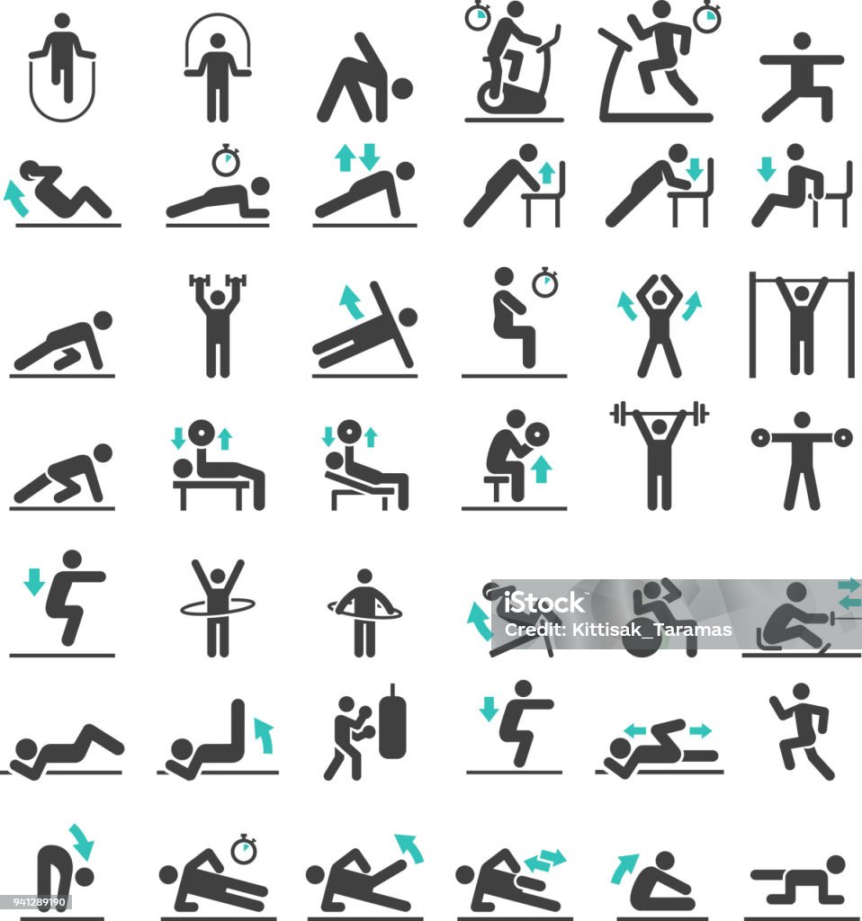 Conjunto de ícones de treino de exercício fitness. Ilustrações vetoriais. - Vetor de Ícone de Computador royalty-free