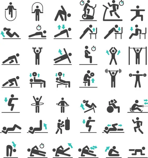 Vector illustration of Fitness exercise workout icons set. Vector illustrations.