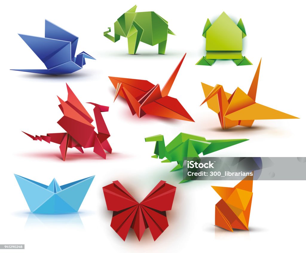 A set of origami Origami. A set of origami. Set origami butterfly, crane, frog, elephant, dragon, ship, dinosaur, fox. Paper set origami. Vector illustration Eps10 file Origami stock vector