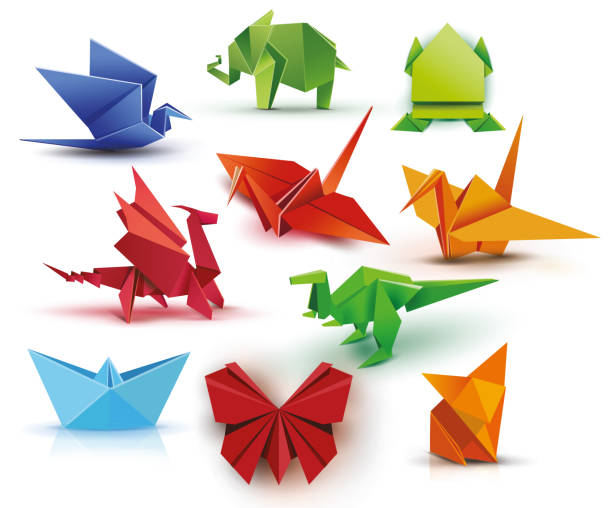 A set of origami Origami. A set of origami. Set origami butterfly, crane, frog, elephant, dragon, ship, dinosaur, fox. Paper set origami. Vector illustration Eps10 file origami cranes stock illustrations