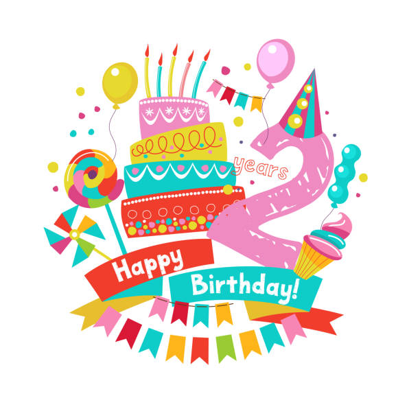 illustrations, cliparts, dessins animés et icônes de félicitations pour votre anniversaire. invitation à une fête. 2 ans à compter de la date de naissance.  clipart coloré lumineux. illustration vectorielle. - 2 3 years