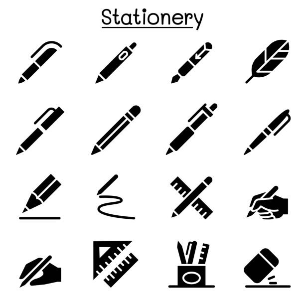 kugelschreiber, bleistift, schreibwaren symbol set vektor illustration grafik-design - stift stock-grafiken, -clipart, -cartoons und -symbole