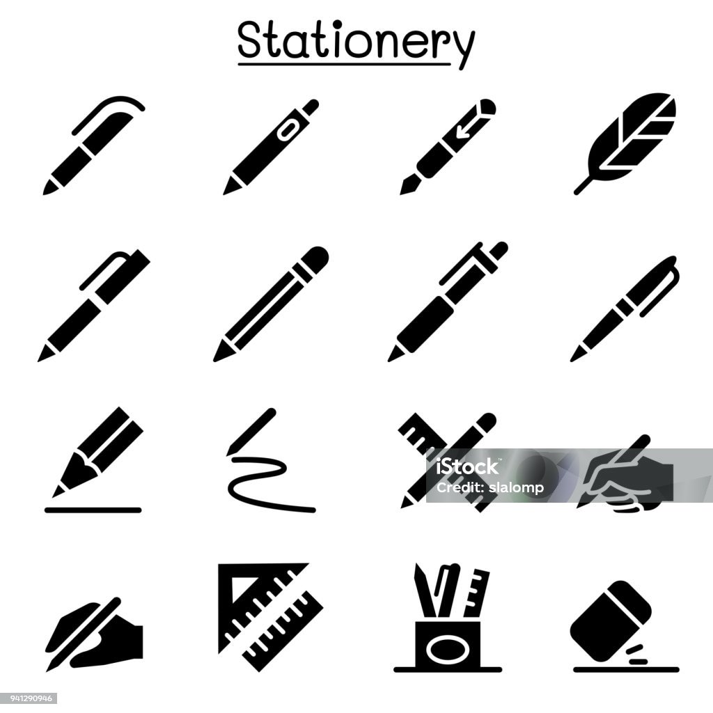 Stylo, crayon, papier à lettres icon set vector illustration graphisme - clipart vectoriel de Icône libre de droits