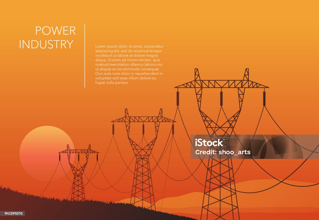Torres de transmissão vetorial fundo de paisagem laranja - Vetor de Torre de comunicações royalty-free
