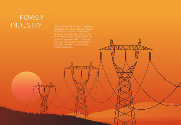 ilustrações, clipart, desenhos animados e ícones de torres de transmissão vetorial fundo de paisagem laranja - electricity pylon