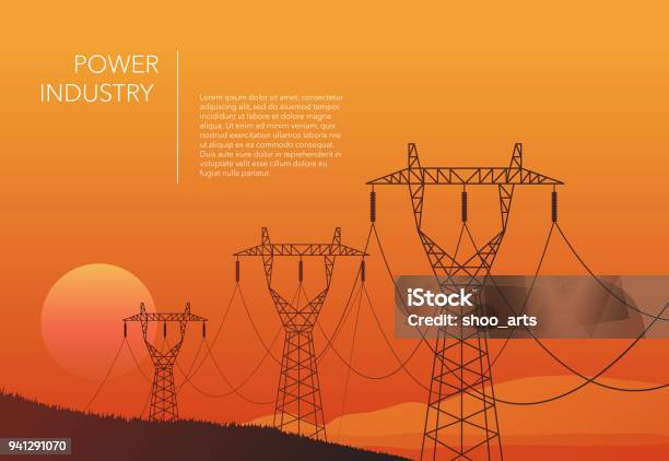 Transmission Towers Orange Landscape Background Vector Stock Illustration - Download Image Now