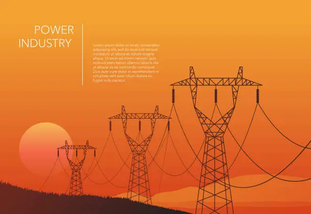 Vector illustration of Transmission towers orange landscape background vector