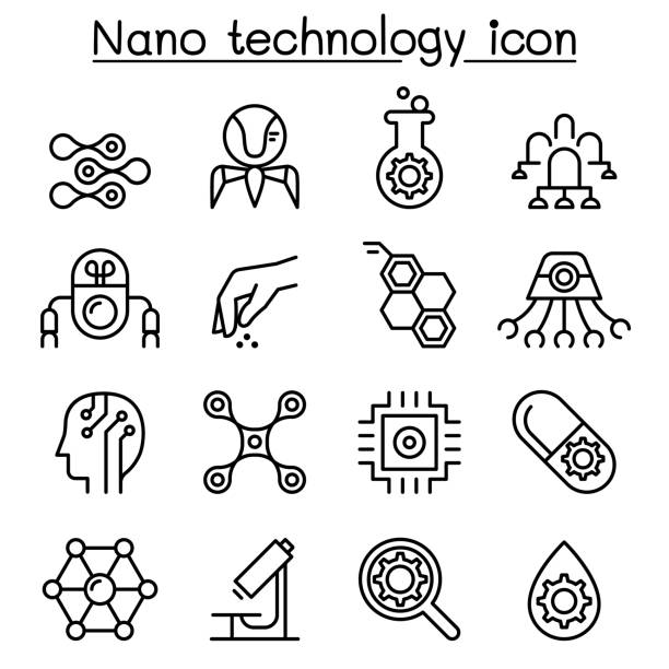 illustrations, cliparts, dessins animés et icônes de jeu d’icônes de la nanotechnologie dans le style de ligne fine - nanoparticule