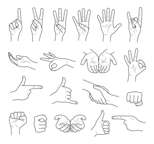 illustrazioni stock, clip art, cartoni animati e icone di tendenza di insieme di vettori di contorno gesti delle mani - thumb piano