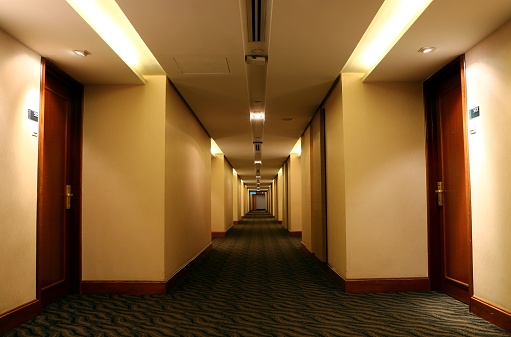 hotel long corridor with perspective  view of the room