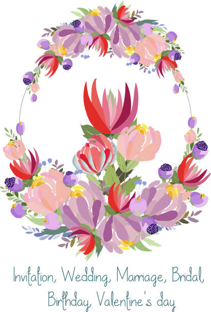 ilustrações de stock, clip art, desenhos animados e ícones de floral background with blooming peonies, inscription spring in a round frame. template for cards, banners on 8 march, mother's day, birthday, spring sale, wedding invitation - mothers day flower single flower purple