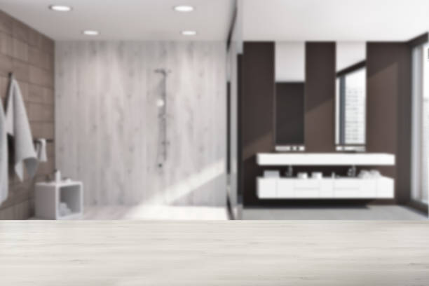 istock Dark wooden bathroom, shower stall, sink blur 941298556