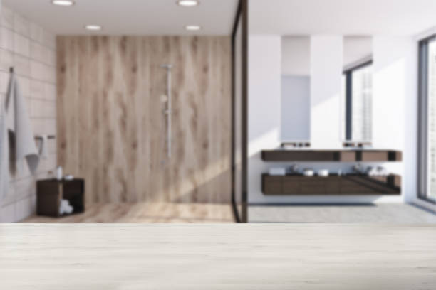 istock Light wooden bathroom, shower stall, sink blur 941298658