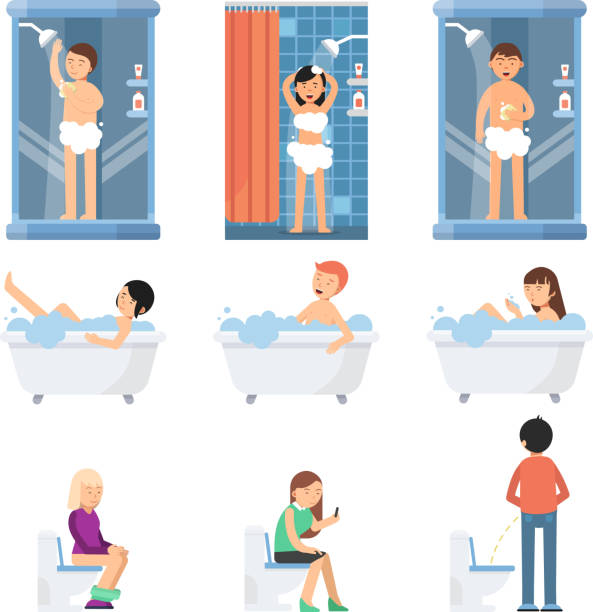 stockillustraties, clipart, cartoons en iconen met verschillende grappige mensen nemen een douche in de badkamer. vector afbeeldingen in vlakke stijl - douchen