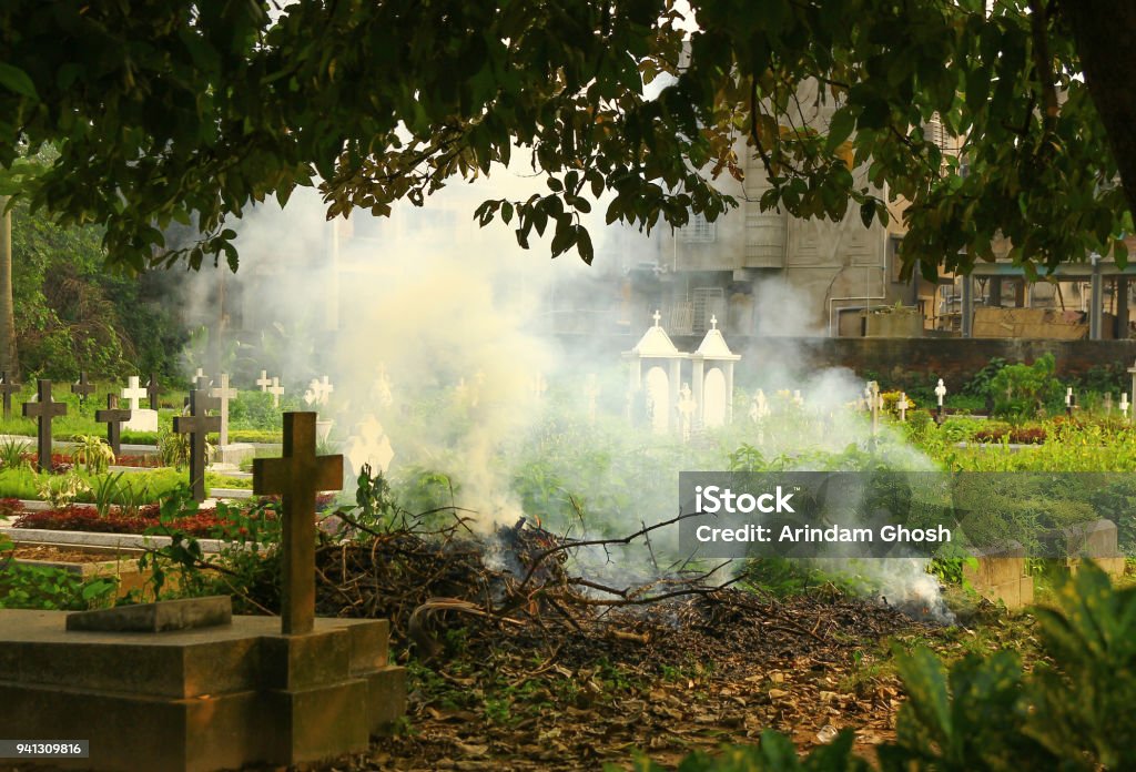 cremation scene smoke in a graveyard Asia Stock Photo