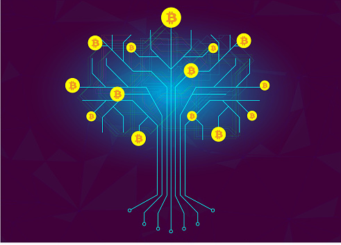 Integrated circuit tree with bitcoin coins as fruits on branches on dark blue background. Cryptocurrency mining and blockchain concept.