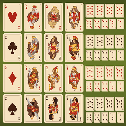 Big vector set of playing cards with stylized characters. King and queen card illustration