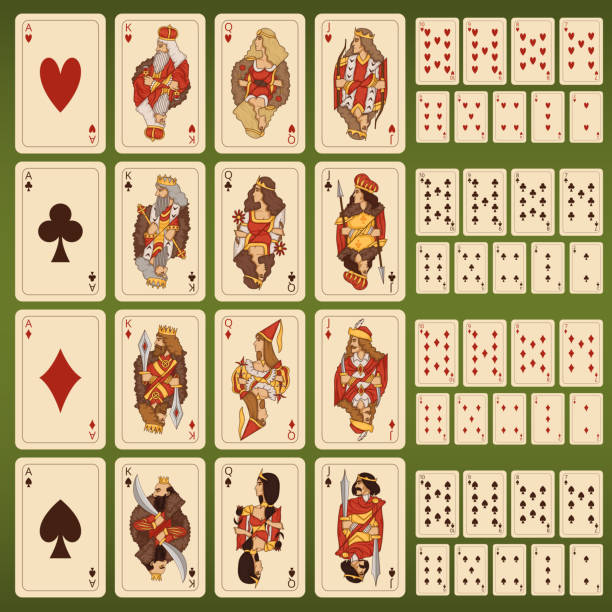 Big vector set of playing cards with stylized characters Big vector set of playing cards with stylized characters. King and queen card illustration playing poker stock illustrations