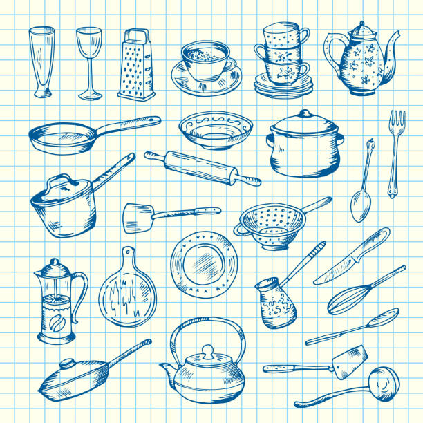 illustrations, cliparts, dessins animés et icônes de vector set d’ustensiles de cuisine sur dessin de feuille de cellule - magasin dustensiles de cuisine