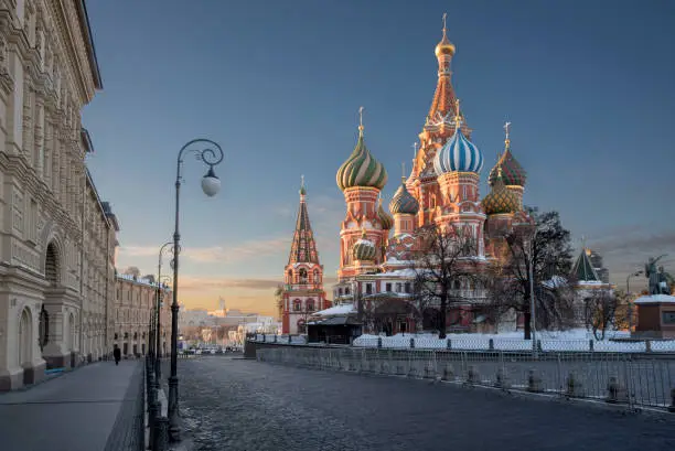 saint basil's cathedral and near buildings  from req square at sunrise in winter moscow Russia