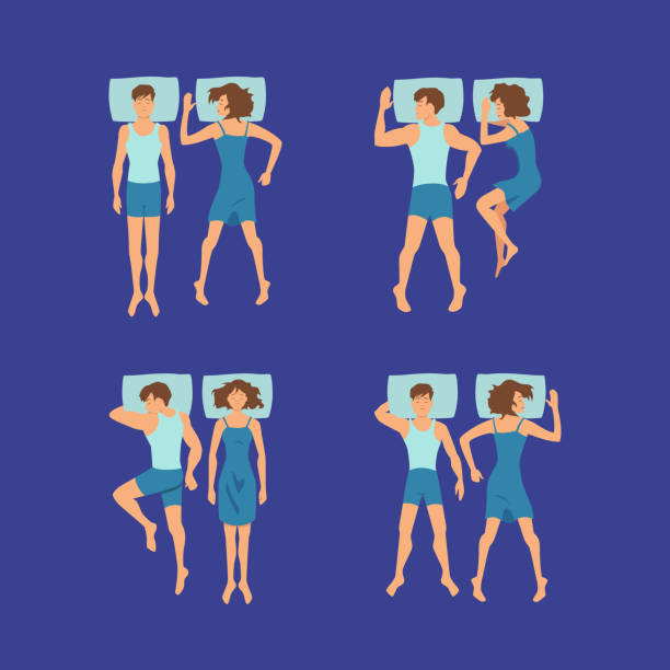 illustrations, cliparts, dessins animés et icônes de vecteur défini du couple homme / femme dormant sur illustration poses oreillers - sleeping lying on back couple bed