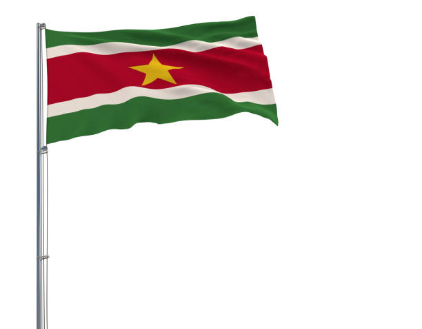 istock Isolate flag of Suriname on a flagpole fluttering in the wind on a white background, 3d rendering. 941311392