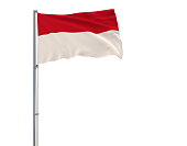Isolate flag of Monaco on a flagpole fluttering in the wind on a white background, 3d rendering.