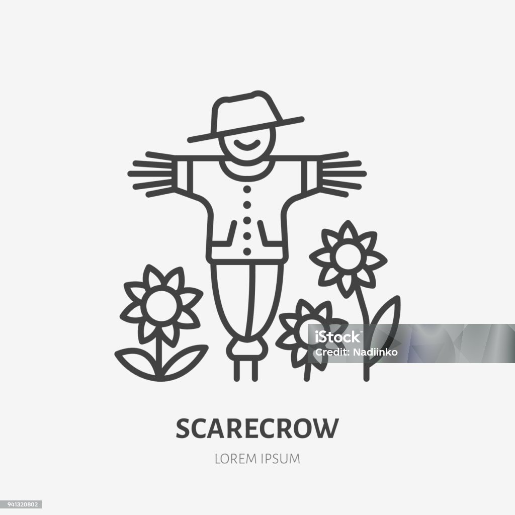 Smiling scarecrow with sunflowers flat line icon. Thin linear logo for farm, organic food store Smiling scarecrow with sunflowers flat line icon. Thin linear logo for farm, organic food store. Line Art stock vector