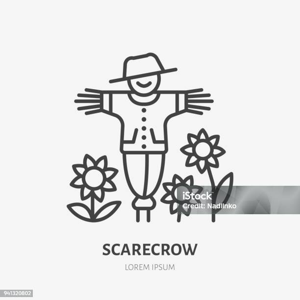 Smiling Scarecrow With Sunflowers Flat Line Icon Thin Linear Logo For Farm Organic Food Store Stock Illustration - Download Image Now