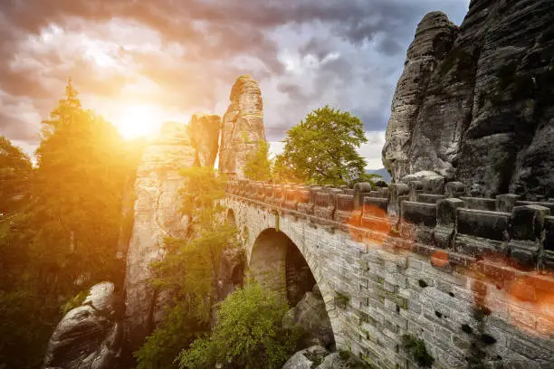 Bastei bridge in Saxon Switzerland in summer, Germany